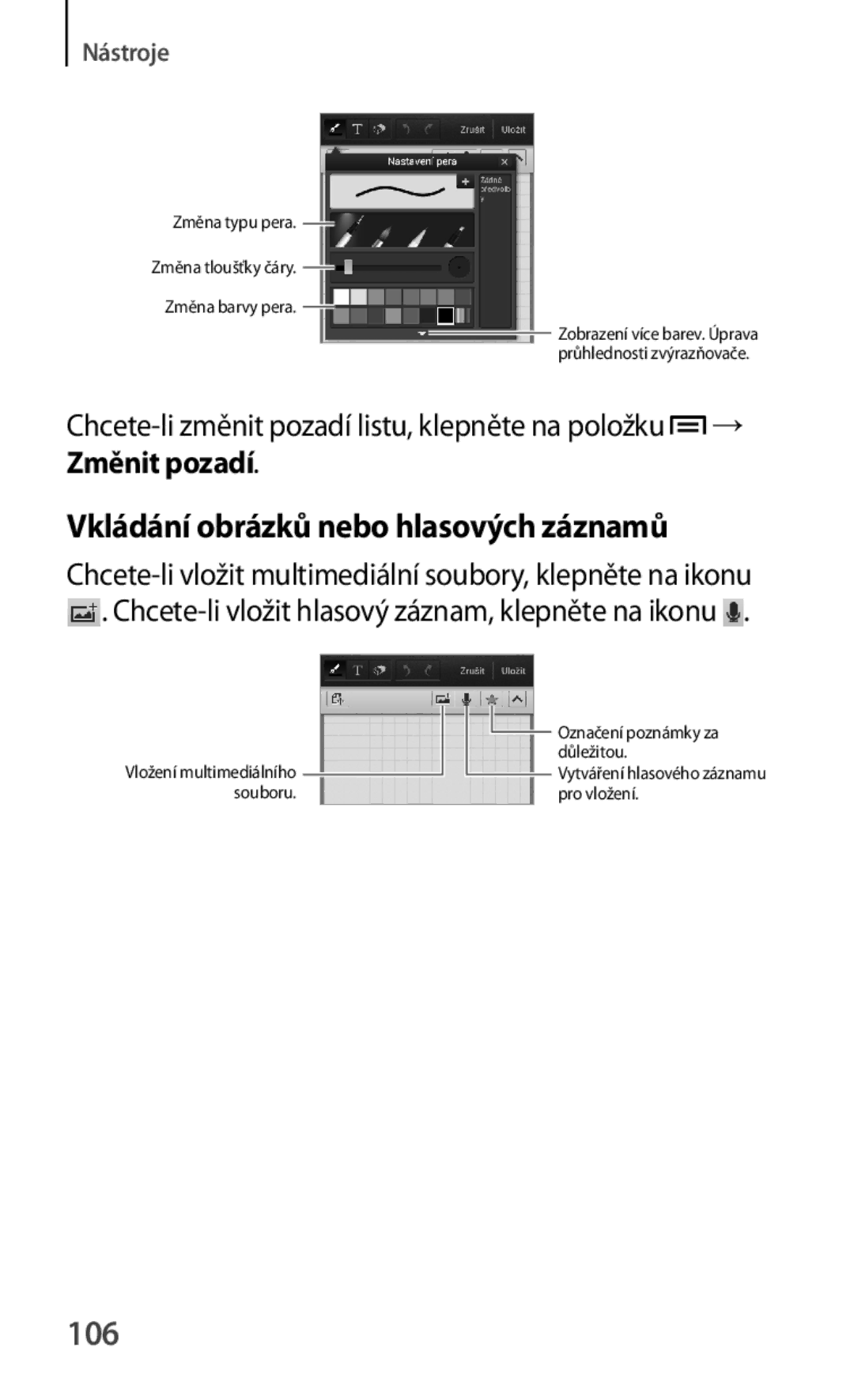 Samsung GT-I8730ZWAETL, GT-I8730TAAETL manual Vkládání obrázků nebo hlasových záznamů, 106 