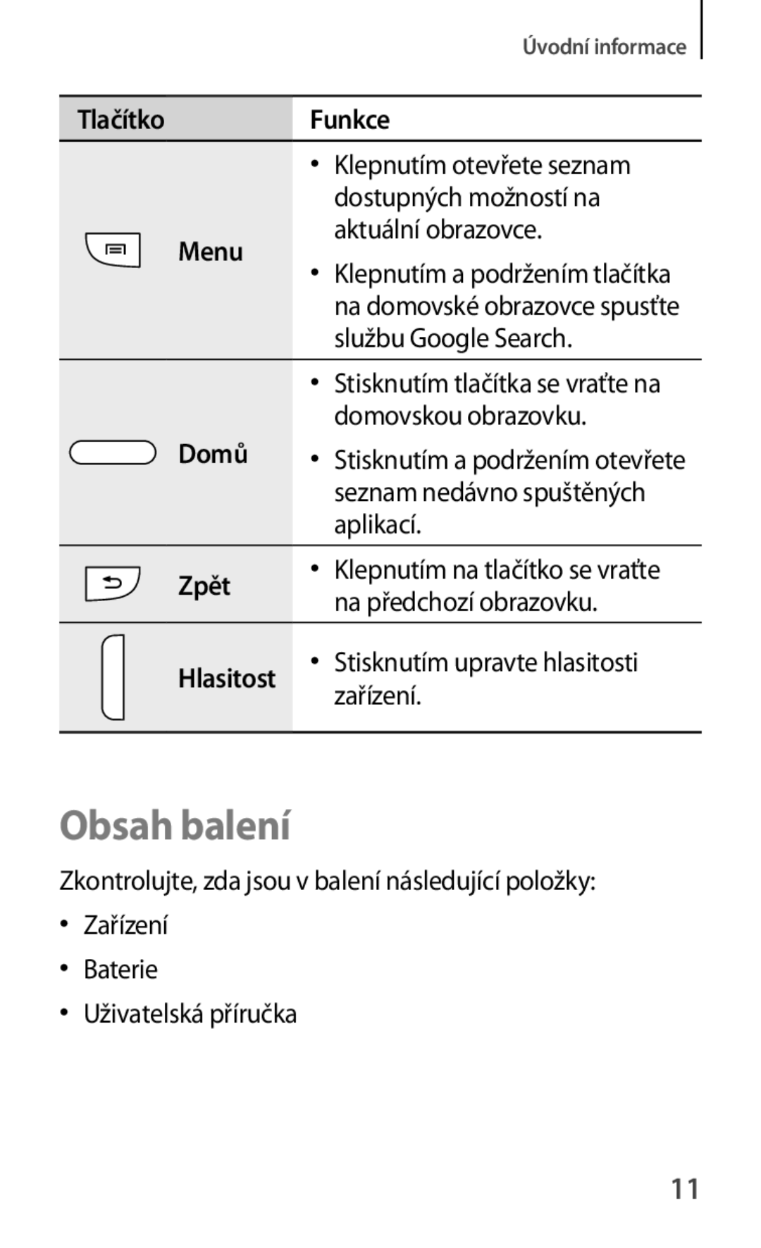 Samsung GT-I8730TAAETL manual Obsah balení, TlačítkoFunkce Menu Domů Zpět Hlasitost, Stisknutím upravte hlasitosti zařízení 