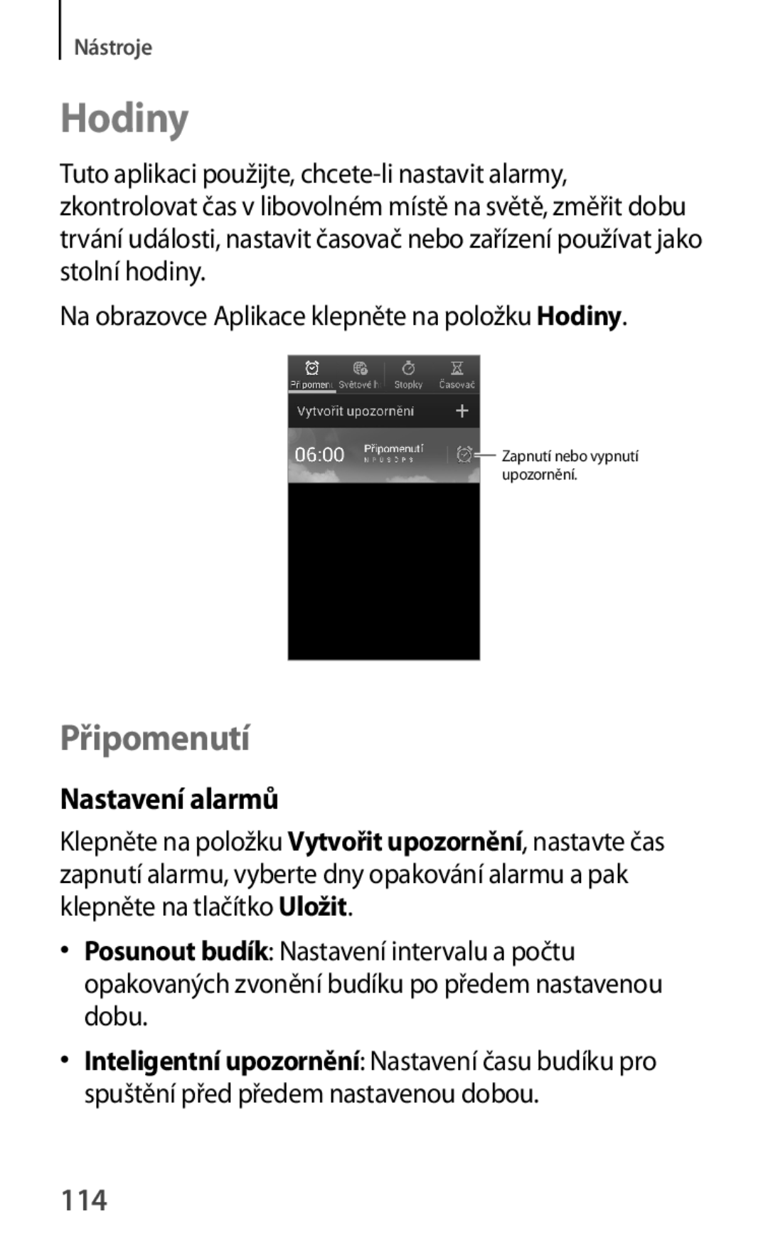 Samsung GT-I8730ZWAETL, GT-I8730TAAETL manual Hodiny, Připomenutí, Nastavení alarmů, 114 