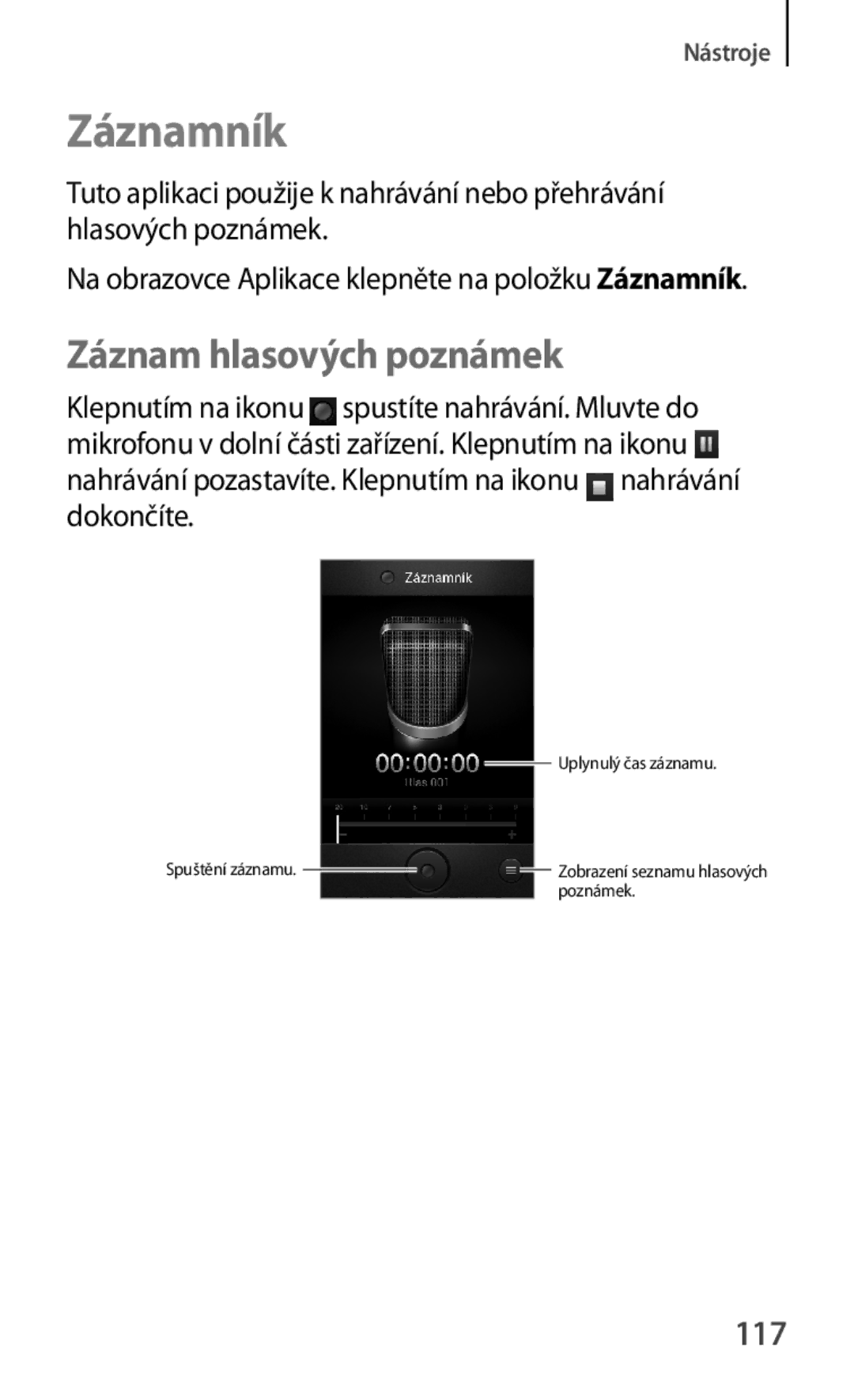 Samsung GT-I8730TAAETL, GT-I8730ZWAETL manual Záznamník, Záznam hlasových poznámek, 117 