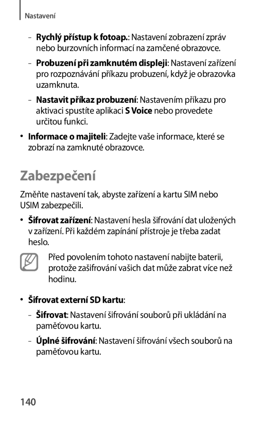 Samsung GT-I8730ZWAETL, GT-I8730TAAETL manual Zabezpečení, 140, Šifrovat externí SD kartu 