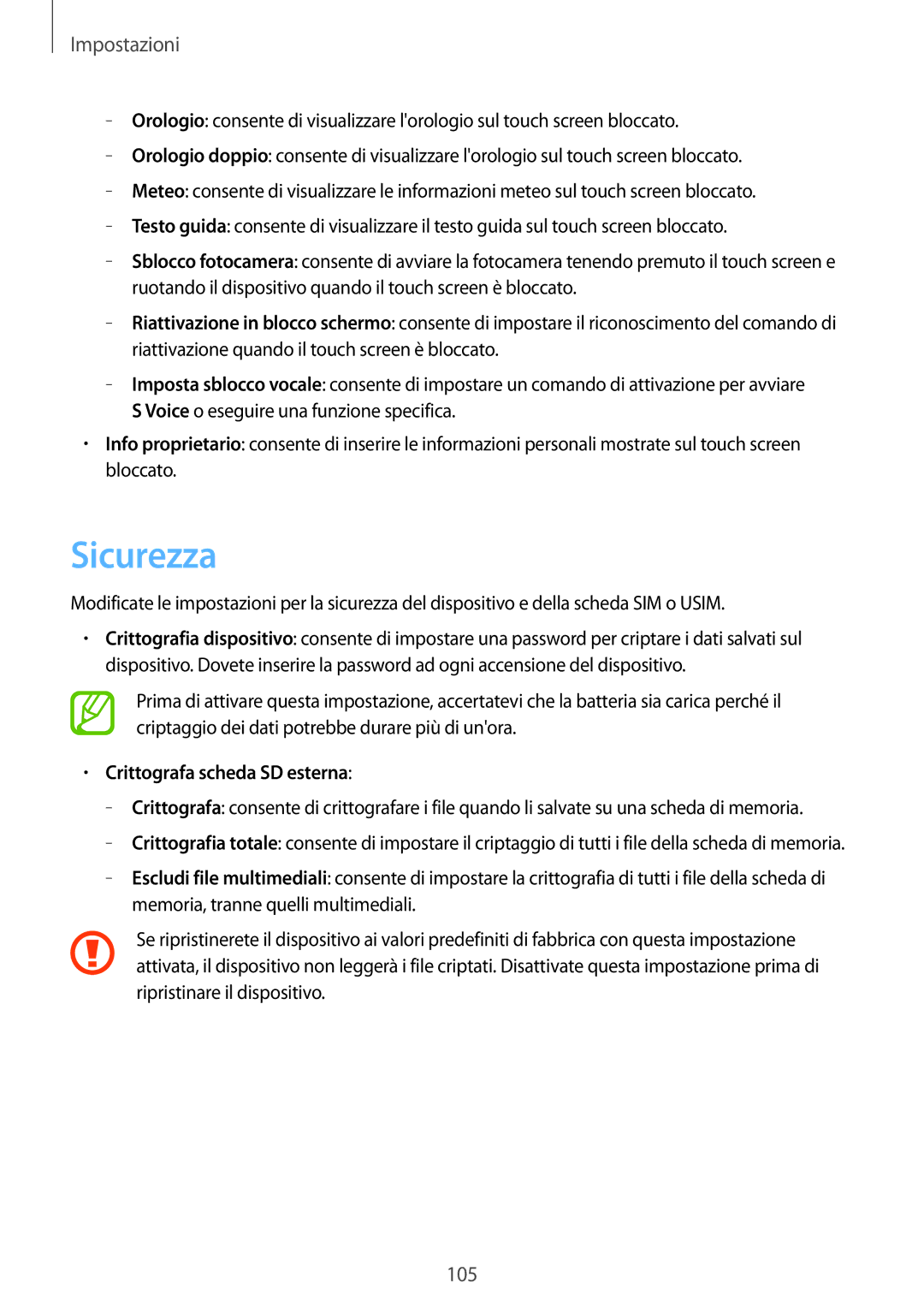 Samsung GT-I8730ZWAITV, GT-I8730TAATIM, GT-I8730ZWATIM, GT-I8730TAAOMN manual Sicurezza, Crittografa scheda SD esterna 