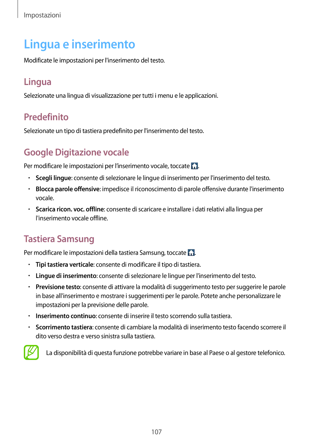 Samsung GT-I8730ZWATIM, GT-I8730ZWAITV manual Lingua e inserimento, Predefinito, Google Digitazione vocale, Tastiera Samsung 