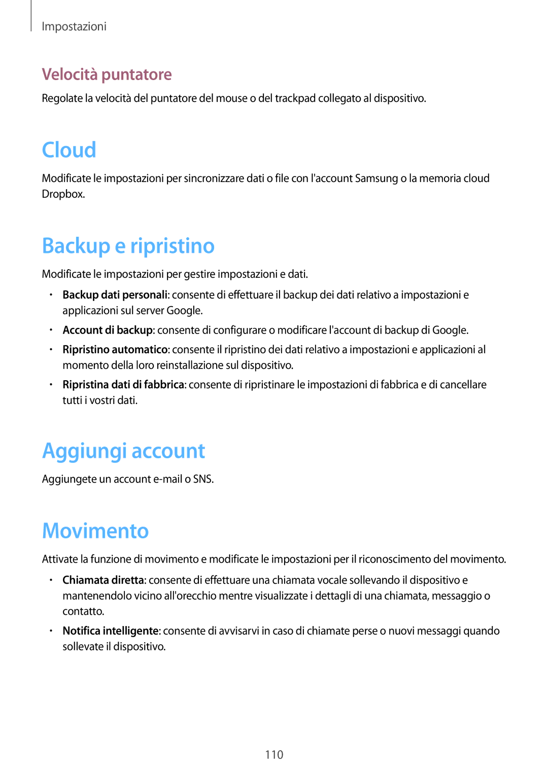 Samsung GT-I8730ZWAITV, GT-I8730TAATIM, GT-I8730ZWATIM Backup e ripristino, Aggiungi account, Movimento, Velocità puntatore 