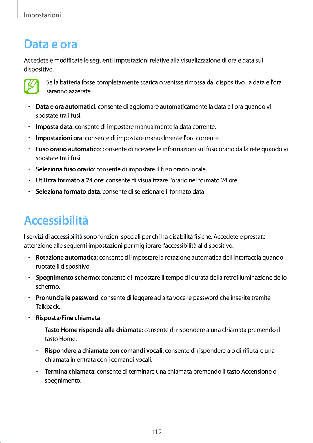 Samsung GT-I8730ZWATIM, GT-I8730ZWAITV, GT-I8730TAATIM, GT-I8730TAAOMN Data e ora, Accessibilità, Risposta/Fine chiamata 