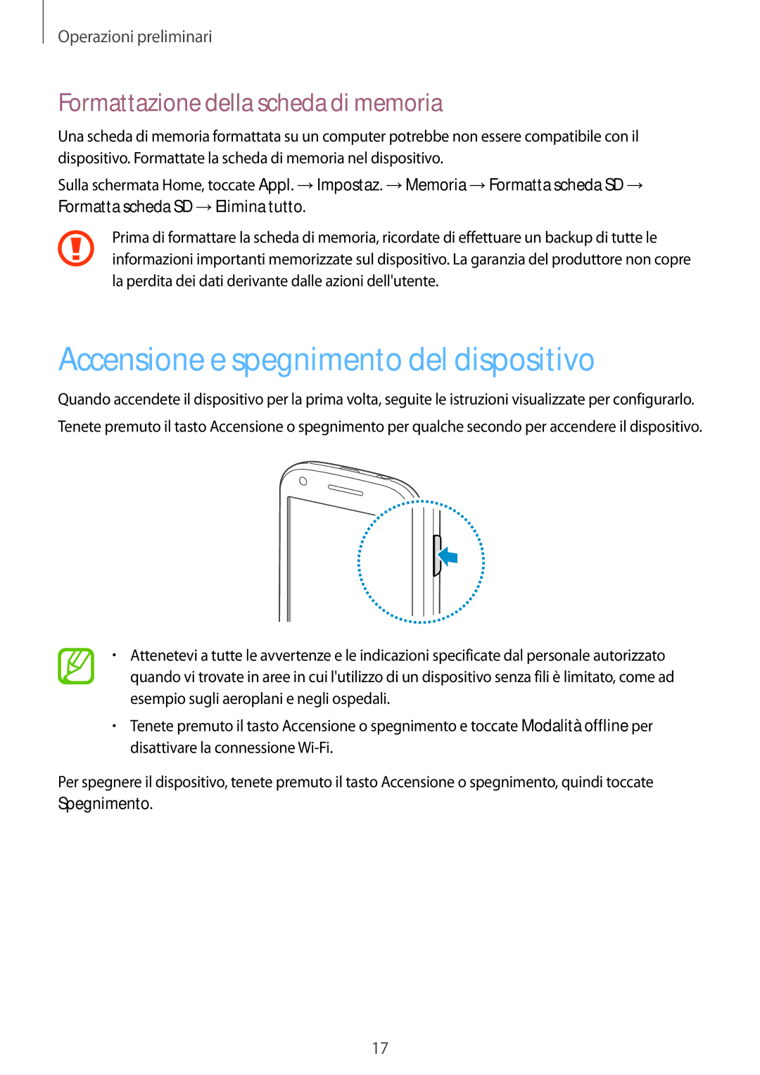 Samsung GT-I8730ZWATIM, GT-I8730ZWAITV Accensione e spegnimento del dispositivo, Formattazione della scheda di memoria 