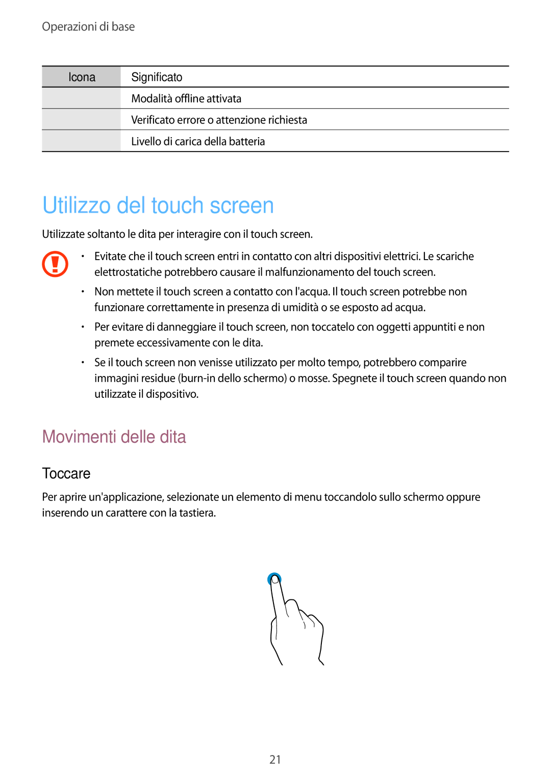 Samsung GT-I8730TAATIM, GT-I8730ZWAITV, GT-I8730ZWATIM manual Utilizzo del touch screen, Movimenti delle dita, Toccare 