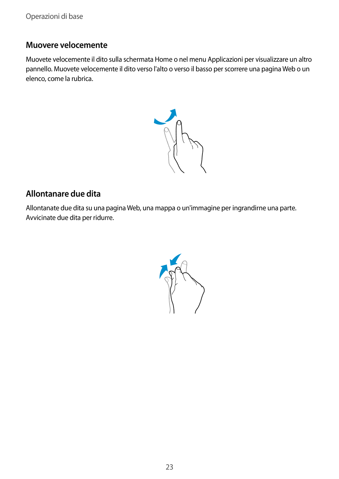Samsung GT-I8730TAAOMN, GT-I8730ZWAITV, GT-I8730TAATIM, GT-I8730ZWATIM manual Muovere velocemente, Allontanare due dita 