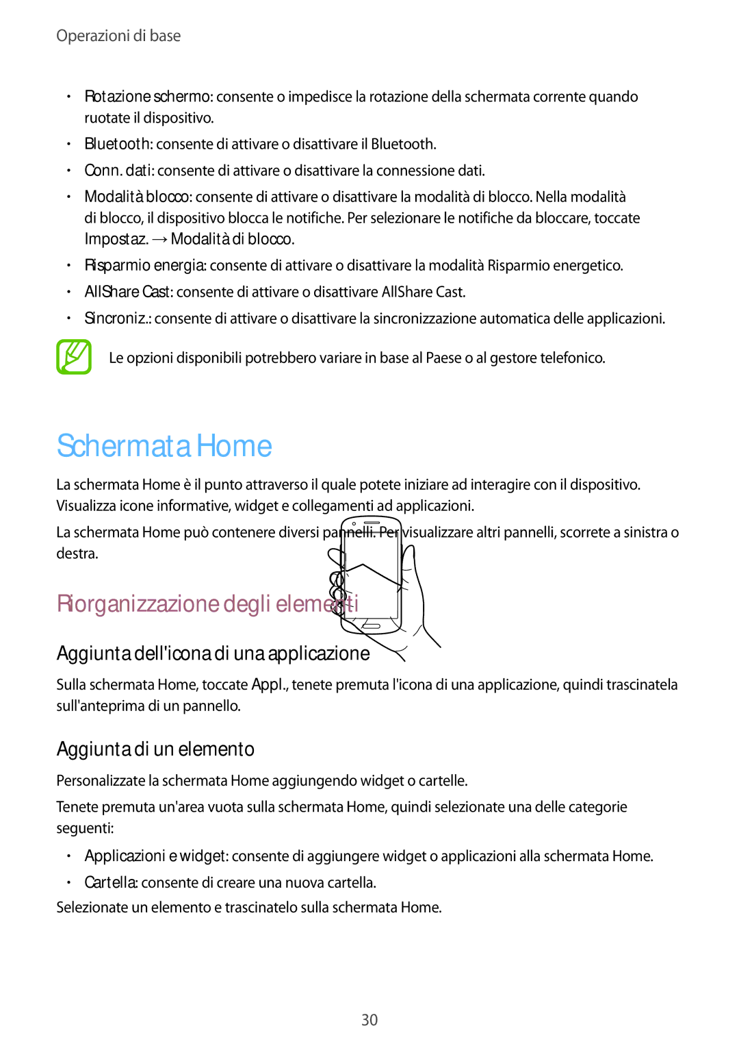 Samsung GT-I8730ZWAITV manual Schermata Home, Riorganizzazione degli elementi, Aggiunta dellicona di una applicazione 