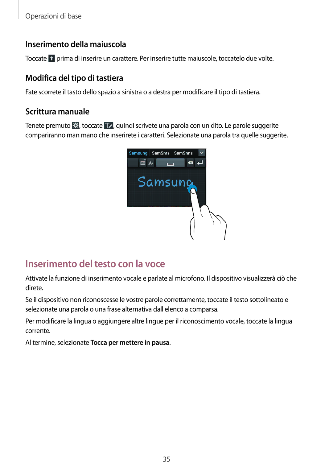 Samsung GT-I8730ZWAITV, GT-I8730TAATIM Inserimento del testo con la voce, Inserimento della maiuscola, Scrittura manuale 