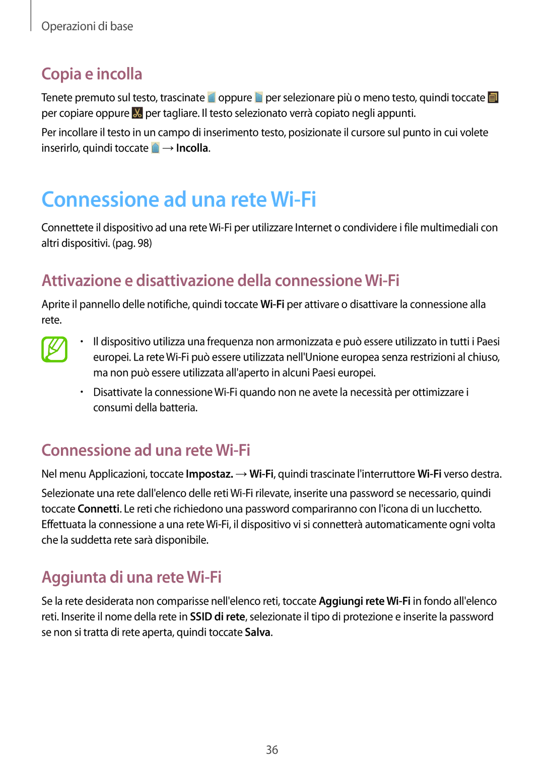 Samsung GT-I8730TAATIM, GT-I8730ZWAITV manual Connessione ad una rete Wi-Fi, Copia e incolla, Aggiunta di una rete Wi-Fi 