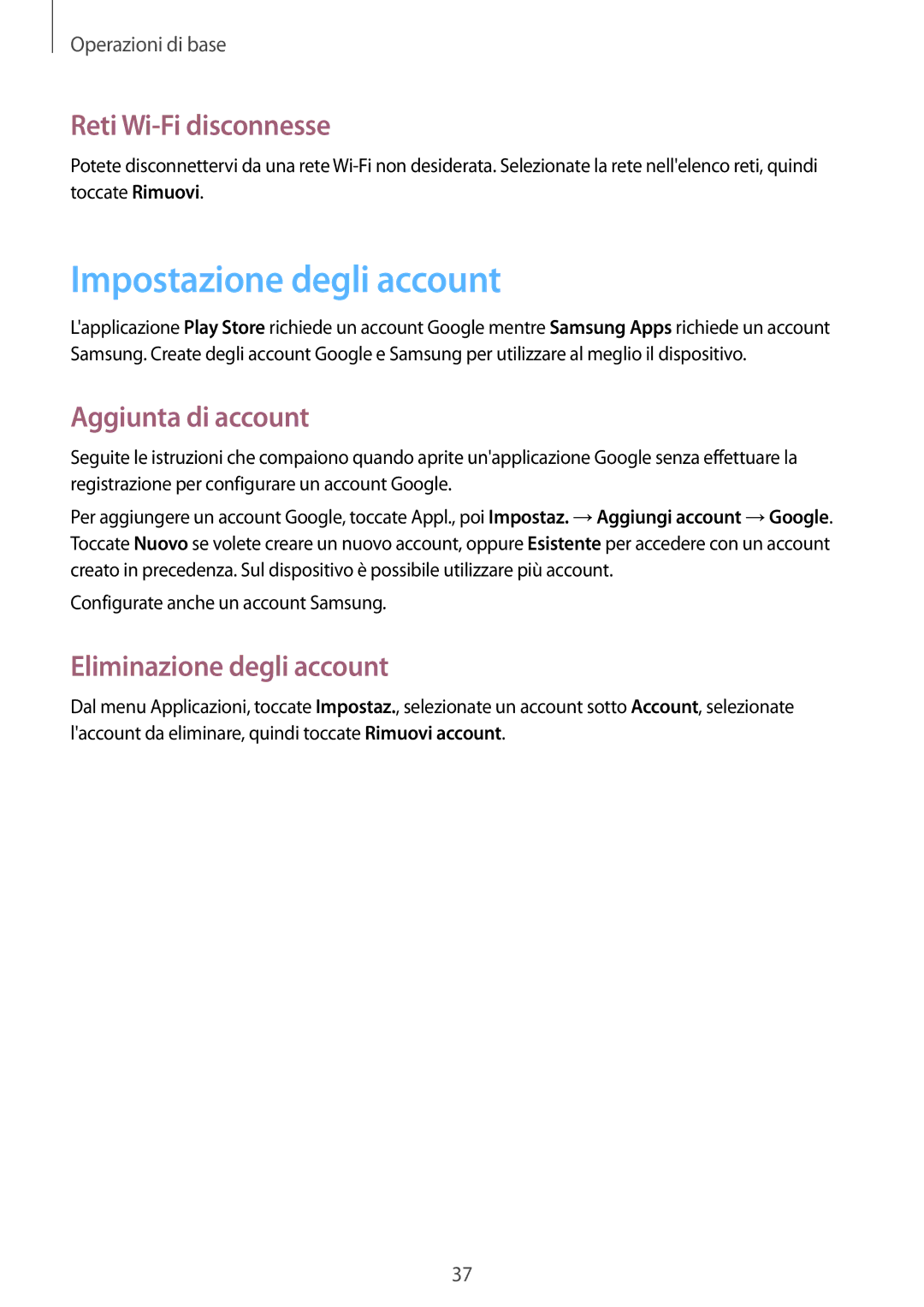 Samsung GT-I8730ZWATIM Impostazione degli account, Reti Wi-Fi disconnesse, Aggiunta di account, Eliminazione degli account 