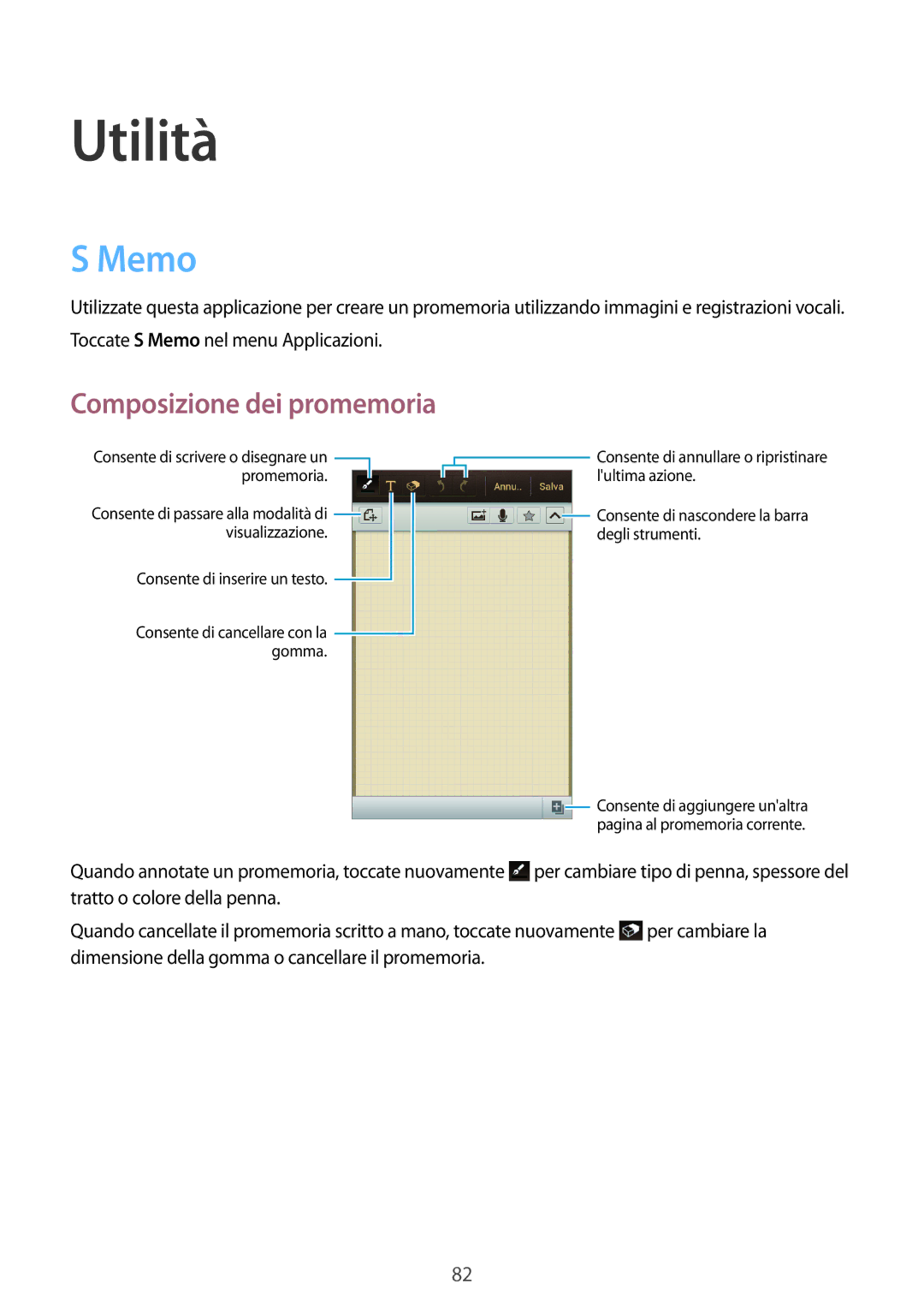 Samsung GT-I8730ZWATIM, GT-I8730ZWAITV, GT-I8730TAATIM, GT-I8730TAAOMN manual Utilità, Memo, Composizione dei promemoria 