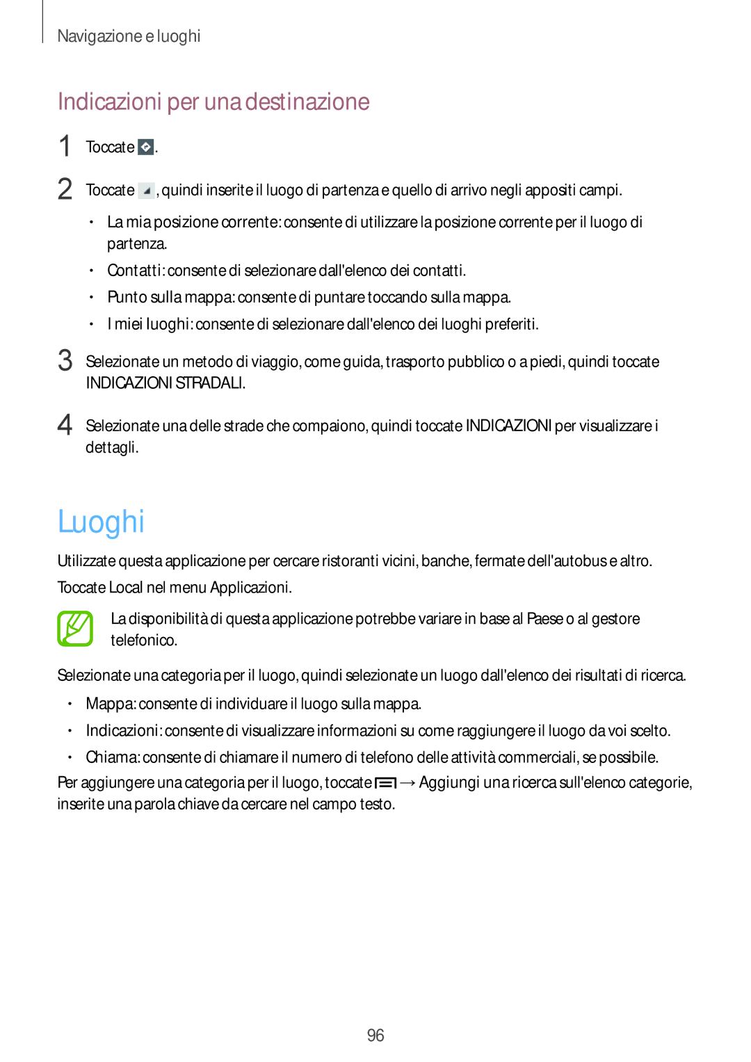 Samsung GT-I8730TAATIM, GT-I8730ZWAITV, GT-I8730ZWATIM, GT-I8730TAAOMN manual Luoghi, Indicazioni per una destinazione 