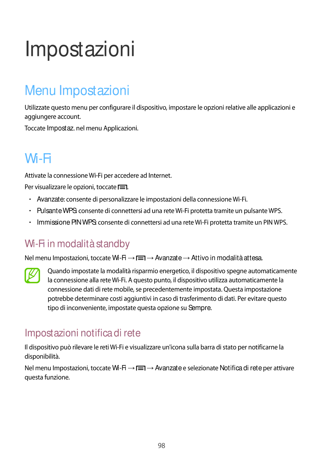 Samsung GT-I8730TAAOMN, GT-I8730ZWAITV Menu Impostazioni, Wi-Fi in modalità standby, Impostazioni notifica di rete 