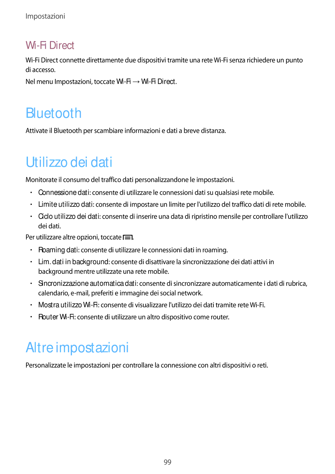 Samsung GT-I8730TAAITV, GT-I8730ZWAITV, GT-I8730TAATIM, GT-I8730ZWATIM Utilizzo dei dati, Altre impostazioni, Wi-Fi Direct 