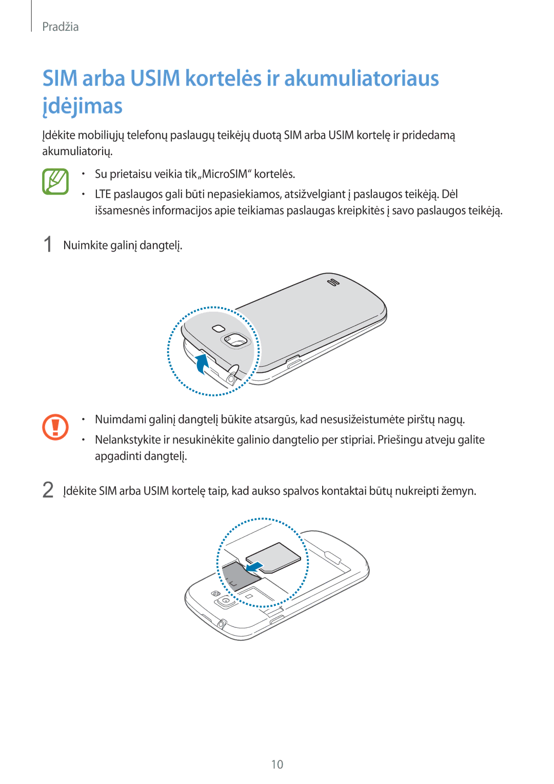 Samsung GT-I8730ZWASEB manual SIM arba Usim kortelės ir akumuliatoriaus įdėjimas 