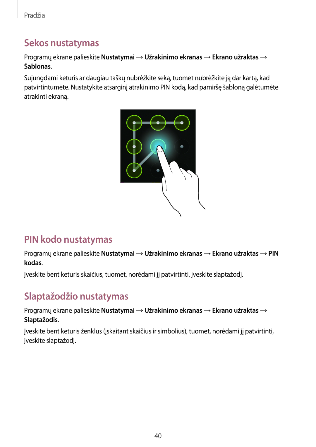 Samsung GT-I8730ZWASEB manual Sekos nustatymas, PIN kodo nustatymas, Slaptažodžio nustatymas 