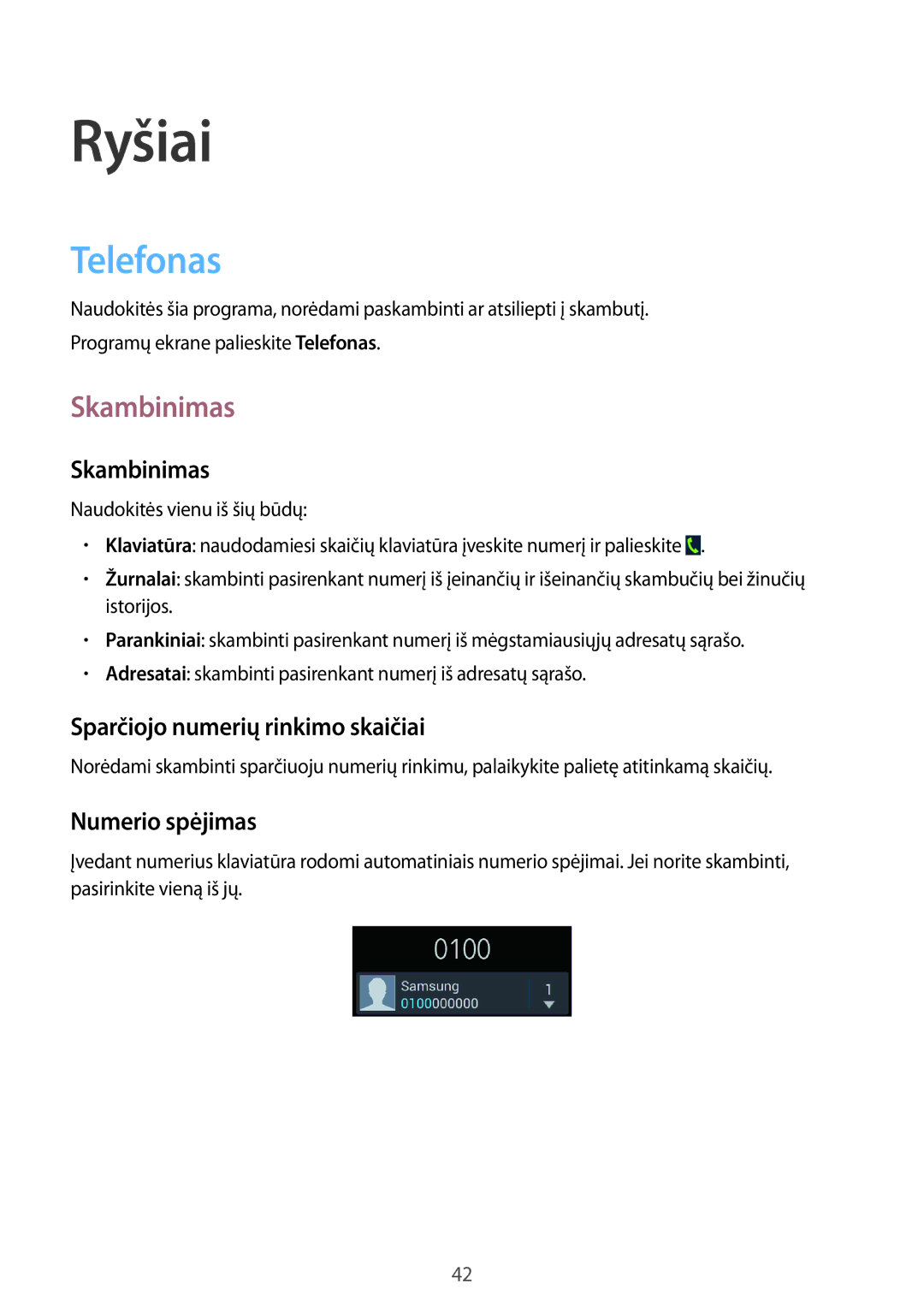 Samsung GT-I8730ZWASEB manual Telefonas, Skambinimas, Sparčiojo numerių rinkimo skaičiai, Numerio spėjimas 