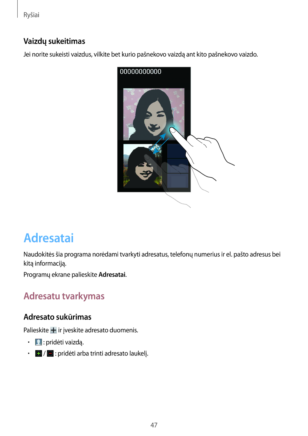 Samsung GT-I8730ZWASEB manual Adresatai, Adresatu tvarkymas, Vaizdų sukeitimas, Adresato sukūrimas 