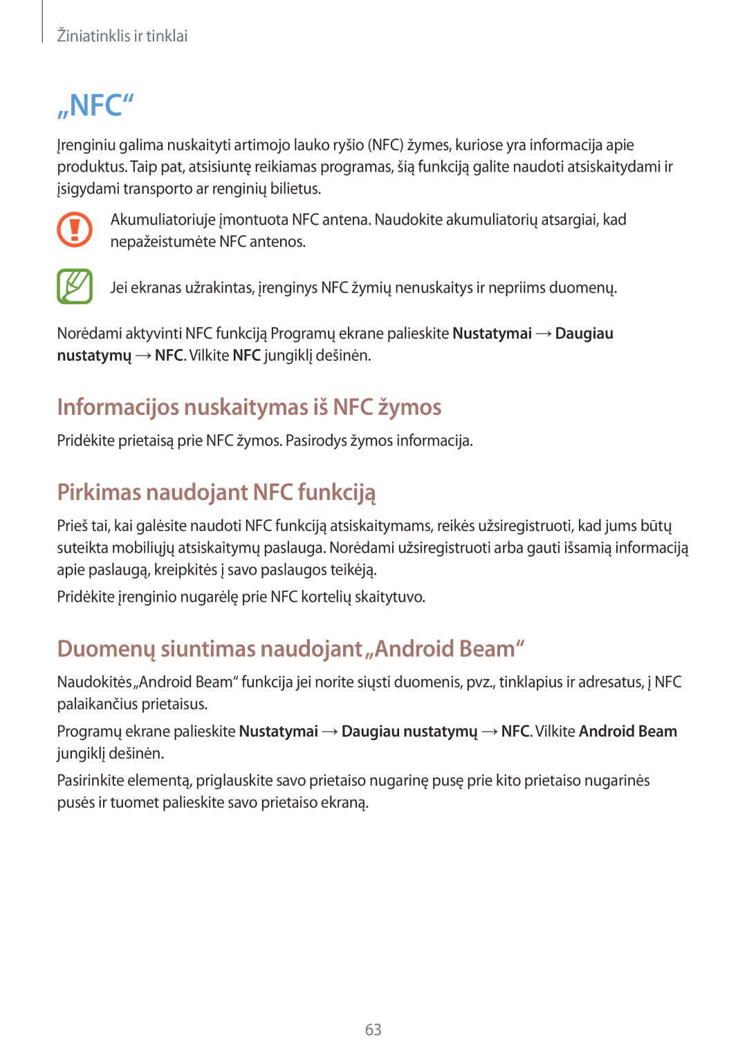 Samsung GT-I8730ZWASEB manual Informacijos nuskaitymas iš NFC žymos, Pirkimas naudojant NFC funkciją 