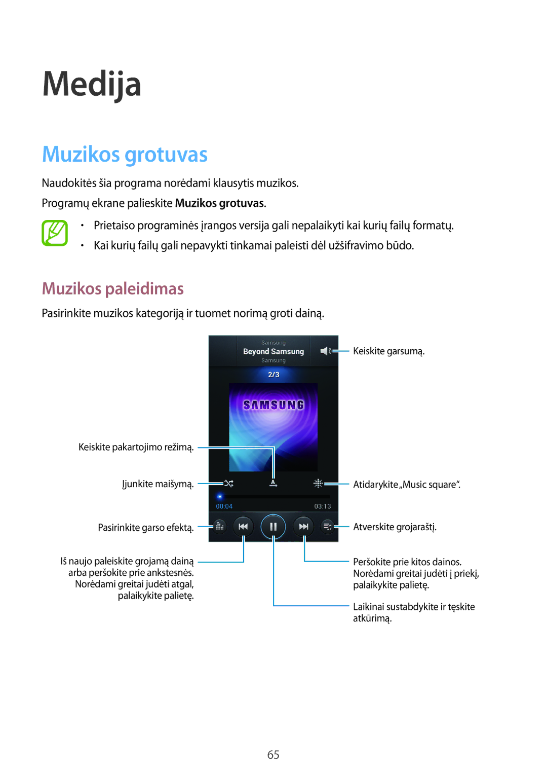 Samsung GT-I8730ZWASEB manual Muzikos grotuvas, Muzikos paleidimas 