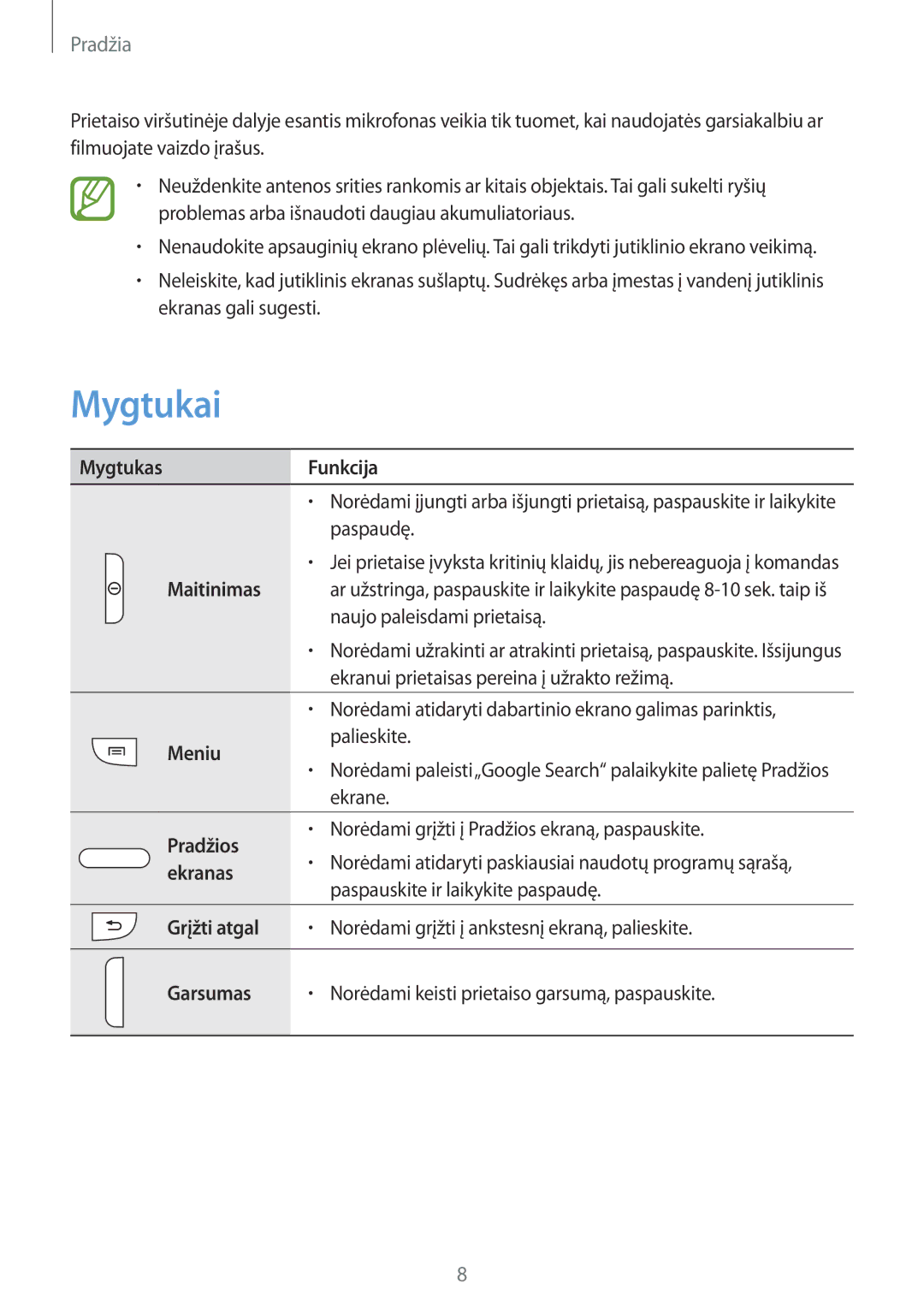 Samsung GT-I8730ZWASEB manual Mygtukai 