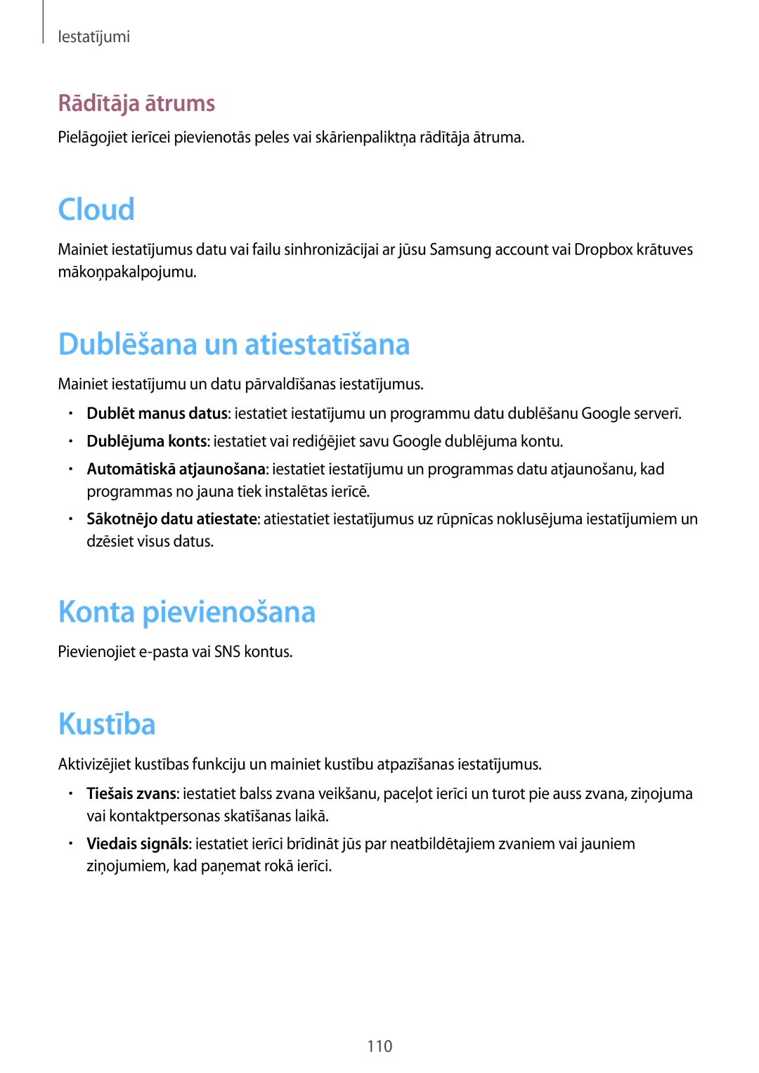 Samsung GT-I8730ZWASEB manual Dublēšana un atiestatīšana, Konta pievienošana, Kustība, Rādītāja ātrums 