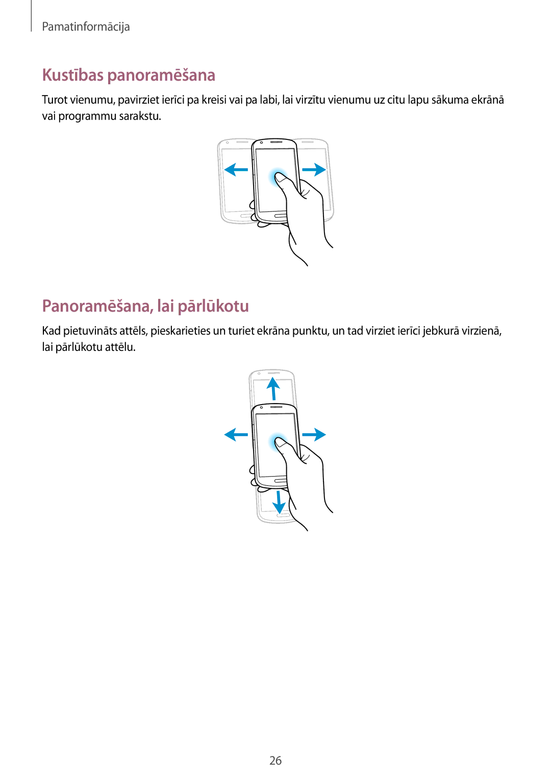 Samsung GT-I8730ZWASEB manual Kustības panoramēšana, Panoramēšana, lai pārlūkotu 