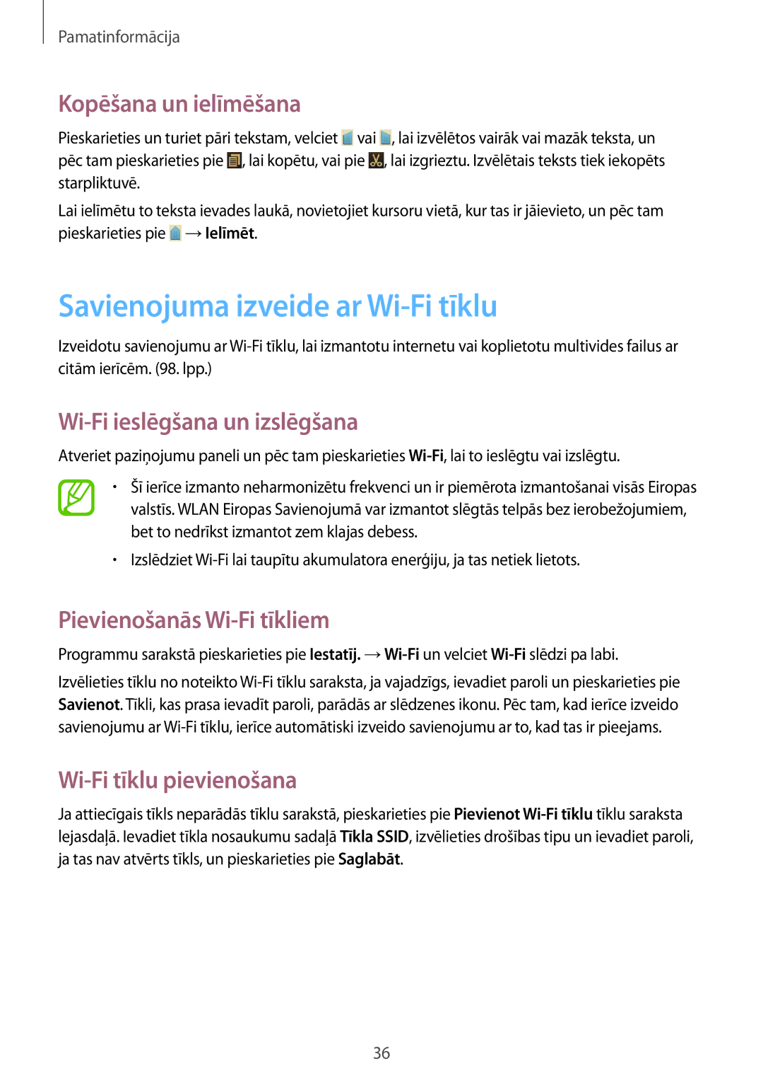 Samsung GT-I8730ZWASEB manual Savienojuma izveide ar Wi-Fi tīklu, Kopēšana un ielīmēšana, Wi-Fi ieslēgšana un izslēgšana 