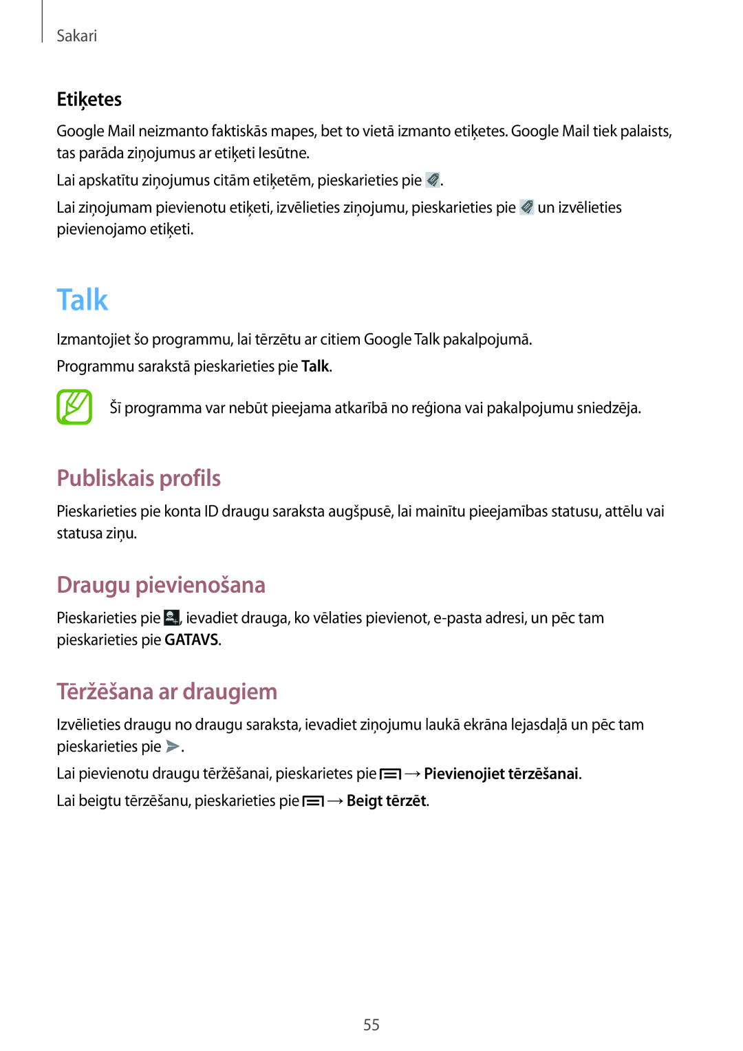 Samsung GT-I8730ZWASEB manual Talk, Publiskais profils, Draugu pievienošana, Tēržēšana ar draugiem, Etiķetes 