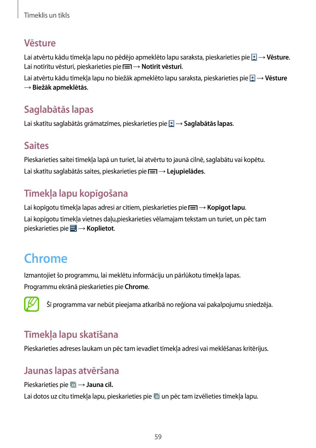 Samsung GT-I8730ZWASEB manual Chrome, Vēsture, Saglabātās lapas, Saites, Tīmekļa lapu kopīgošana 