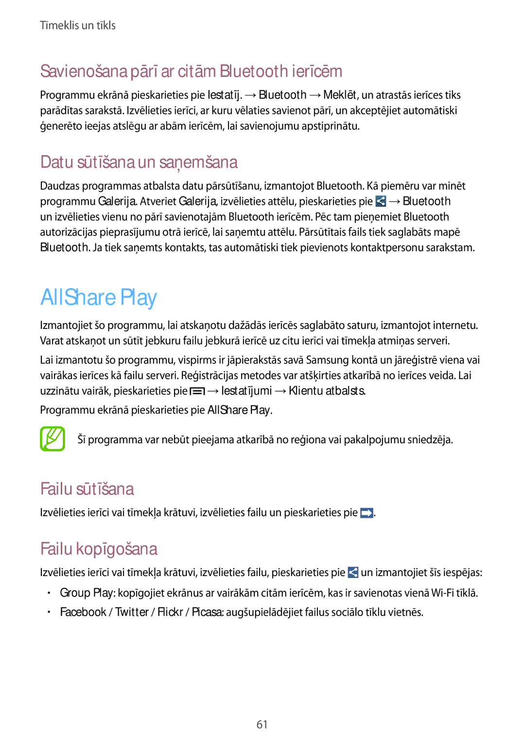 Samsung GT-I8730ZWASEB manual AllShare Play, Savienošana pārī ar citām Bluetooth ierīcēm, Datu sūtīšana un saņemšana 