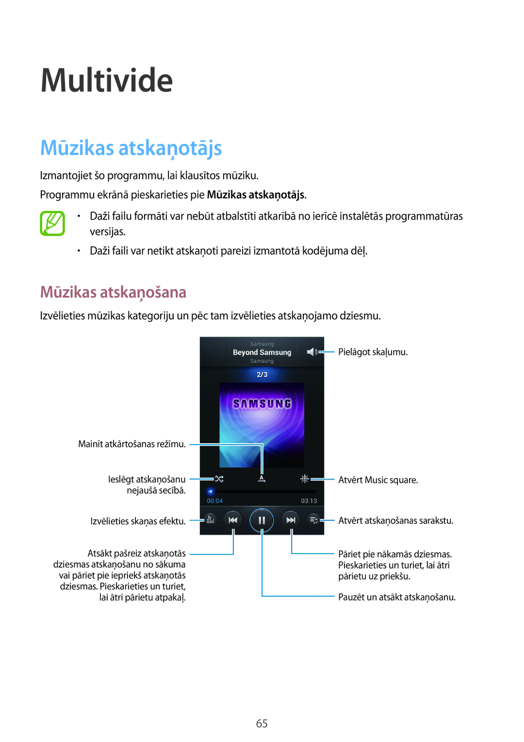 Samsung GT-I8730ZWASEB manual Multivide, Mūzikas atskaņotājs, Mūzikas atskaņošana 