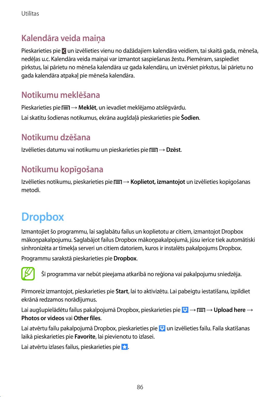 Samsung GT-I8730ZWASEB manual Dropbox, Kalendāra veida maiņa, Notikumu meklēšana, Notikumu dzēšana, Notikumu kopīgošana 