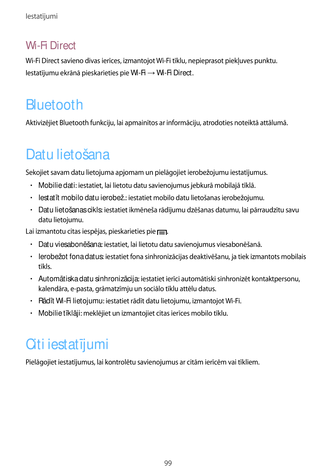 Samsung GT-I8730ZWASEB manual Datu lietošana, Citi iestatījumi, Wi-Fi Direct 