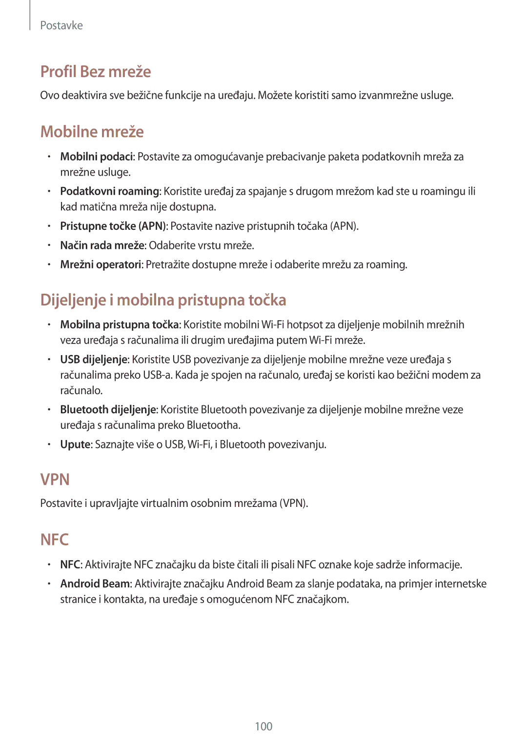 Samsung GT-I8730ZWAVIP manual Profil Bez mreže, Mobilne mreže, Dijeljenje i mobilna pristupna točka 