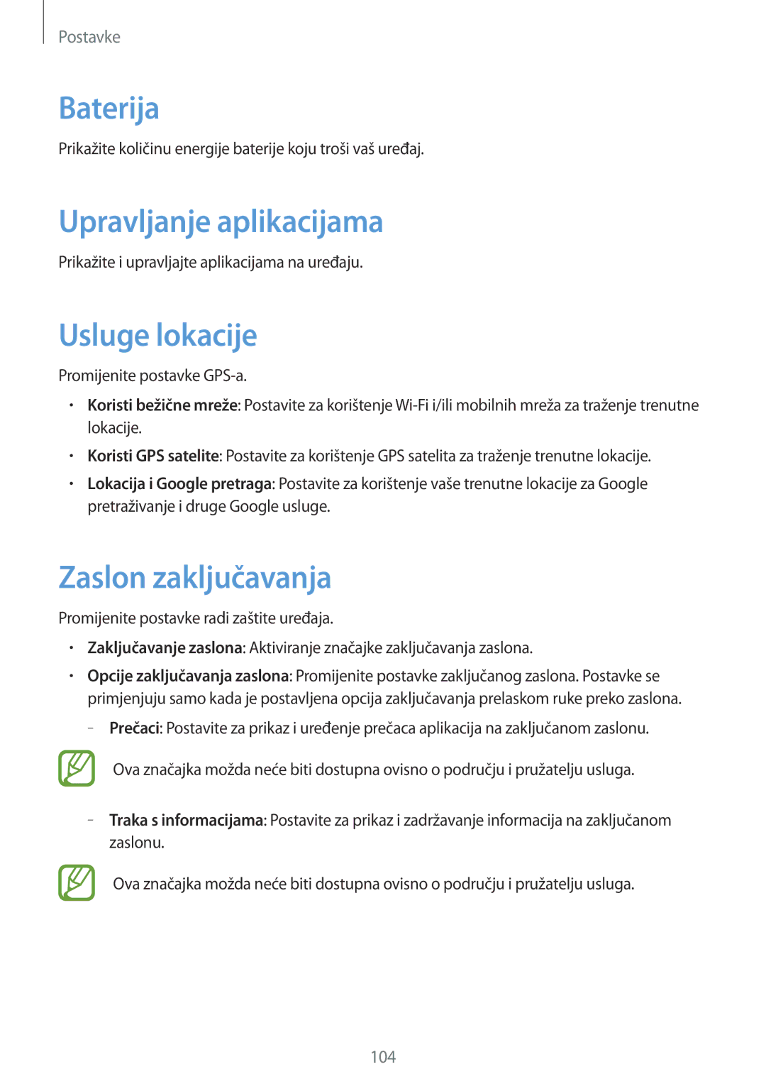 Samsung GT-I8730ZWAVIP manual Baterija, Upravljanje aplikacijama, Usluge lokacije, Zaslon zaključavanja 