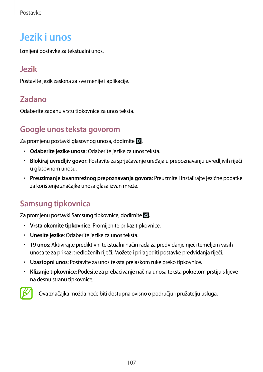 Samsung GT-I8730ZWAVIP manual Jezik i unos, Zadano, Google unos teksta govorom, Samsung tipkovnica 