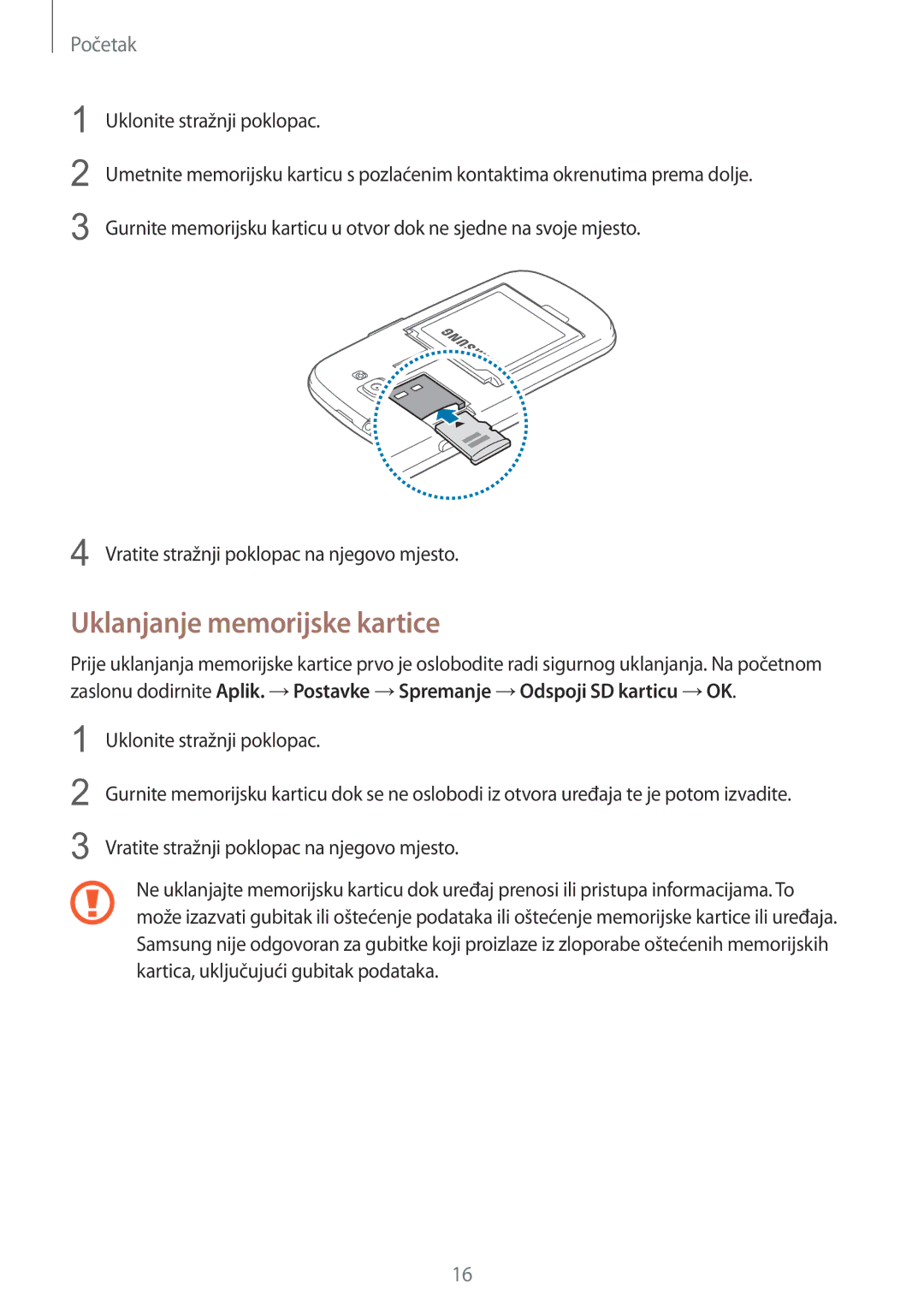 Samsung GT-I8730ZWAVIP manual Uklanjanje memorijske kartice 