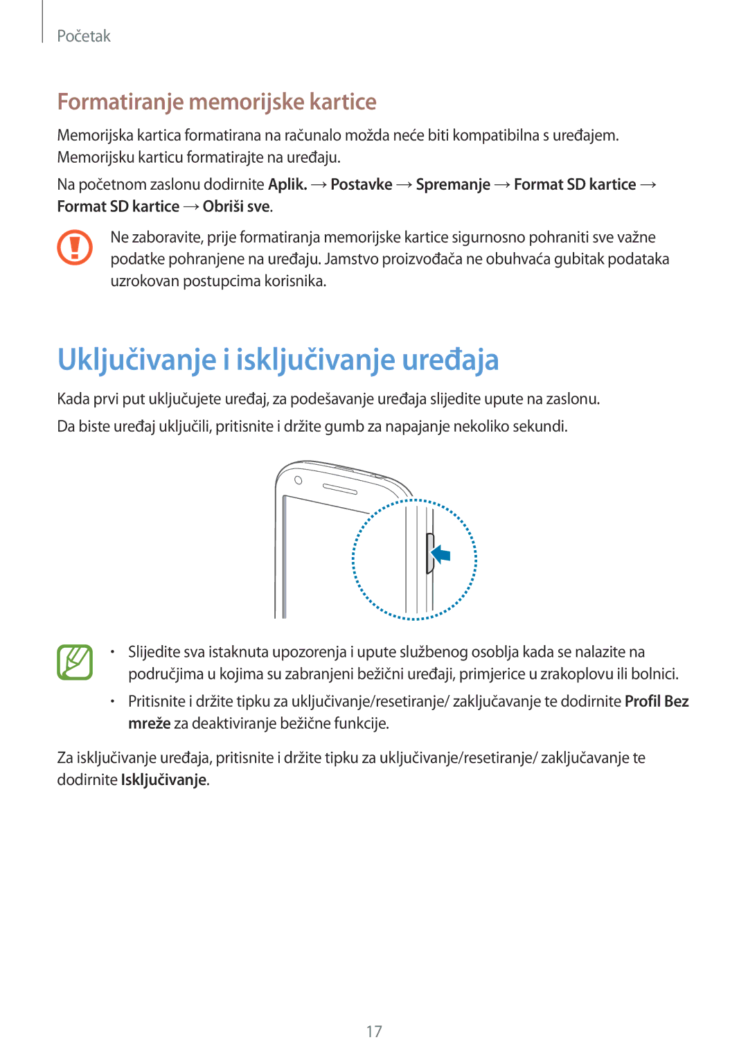 Samsung GT-I8730ZWAVIP manual Uključivanje i isključivanje uređaja, Formatiranje memorijske kartice 