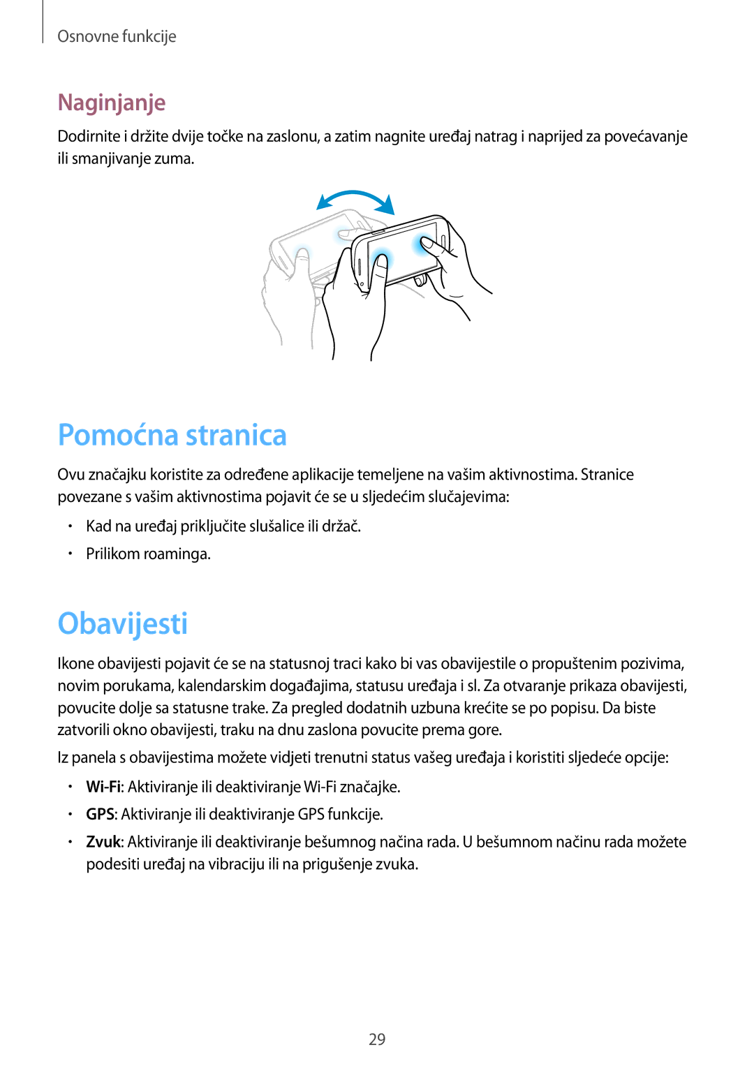 Samsung GT-I8730ZWAVIP manual Pomoćna stranica, Obavijesti, Naginjanje 