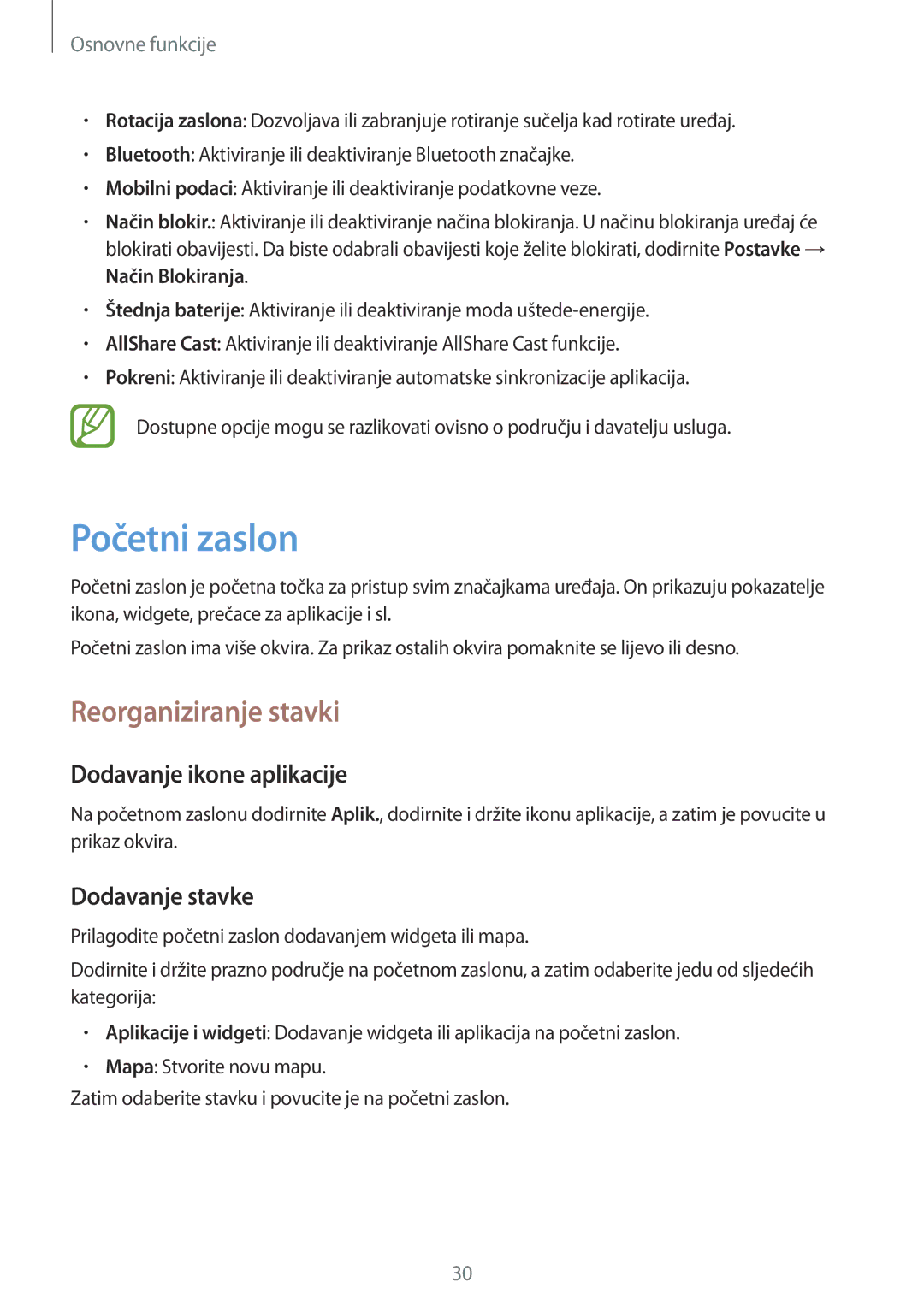 Samsung GT-I8730ZWAVIP manual Početni zaslon, Reorganiziranje stavki, Dodavanje ikone aplikacije, Dodavanje stavke 