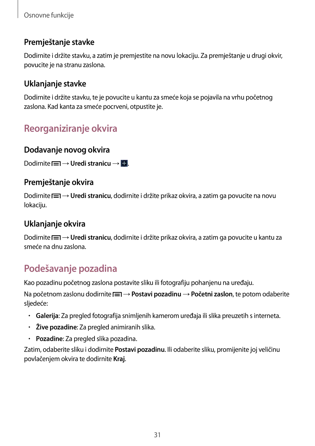 Samsung GT-I8730ZWAVIP manual Reorganiziranje okvira, Podešavanje pozadina 