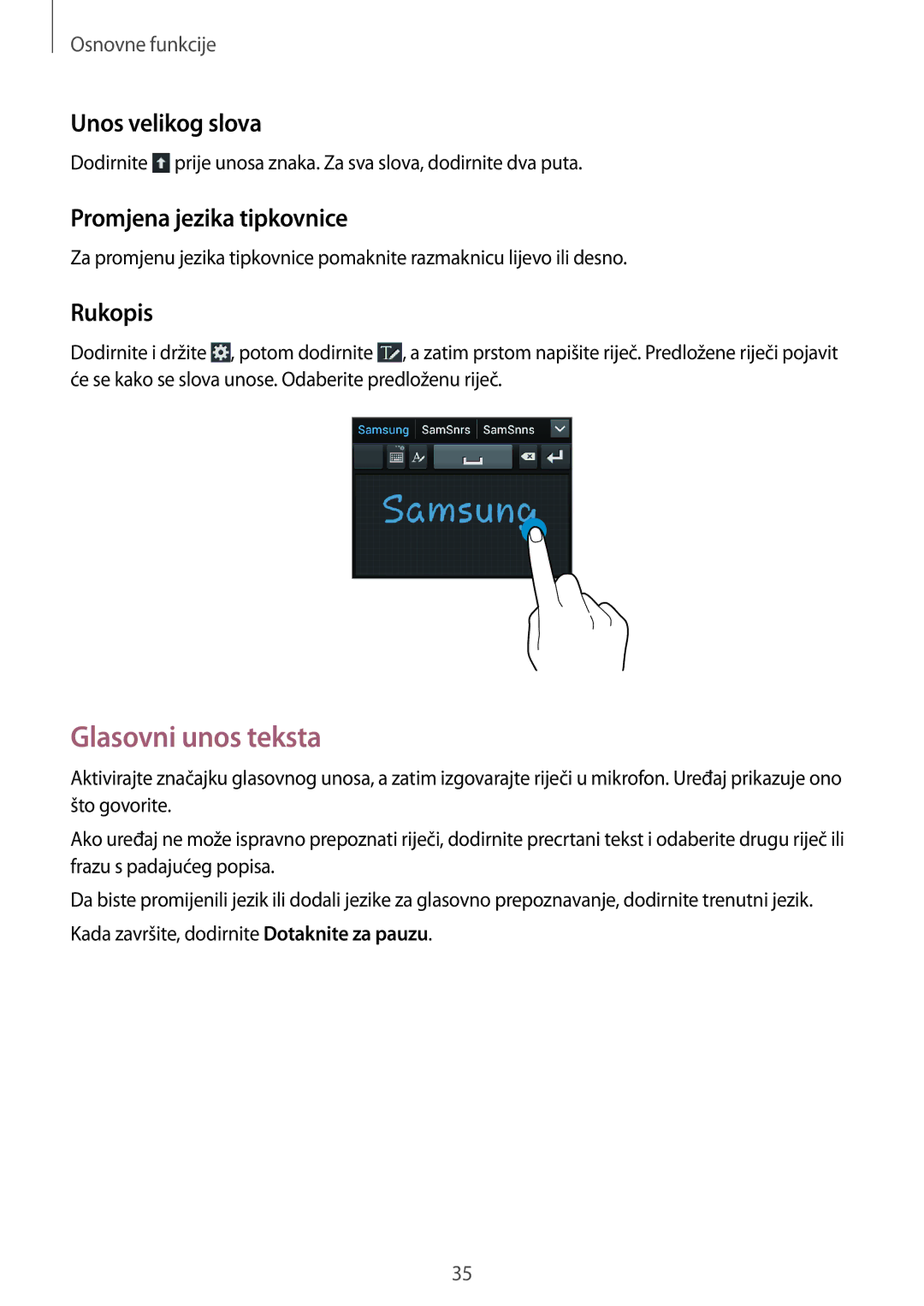 Samsung GT-I8730ZWAVIP manual Glasovni unos teksta, Unos velikog slova, Promjena jezika tipkovnice, Rukopis 