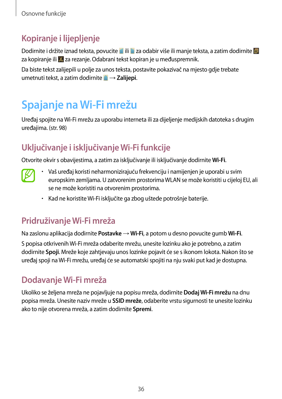 Samsung GT-I8730ZWAVIP manual Spajanje na Wi-Fi mrežu, Kopiranje i lijepljenje, Uključivanje i isključivanje Wi-Fi funkcije 