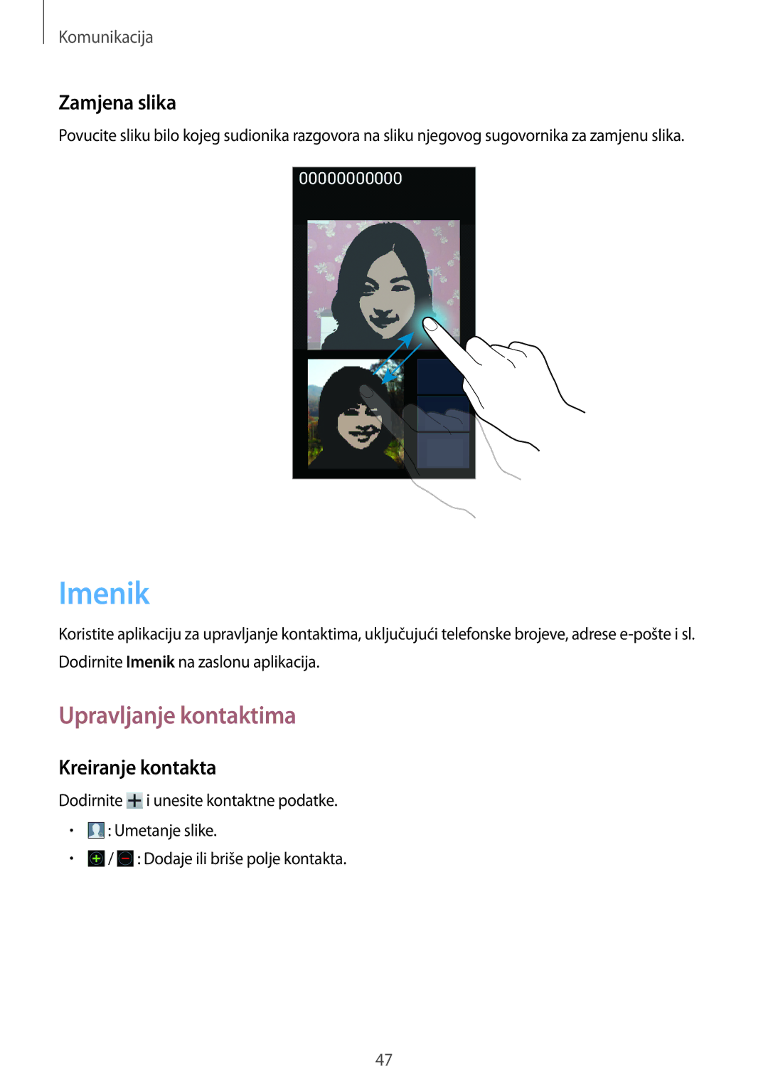 Samsung GT-I8730ZWAVIP manual Imenik, Upravljanje kontaktima, Zamjena slika, Kreiranje kontakta 