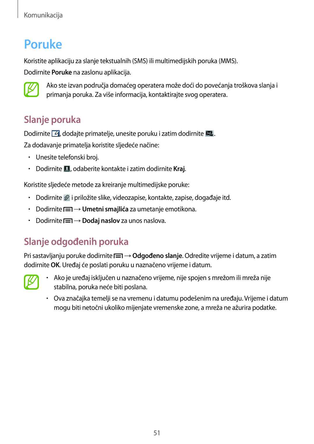 Samsung GT-I8730ZWAVIP manual Poruke, Slanje poruka, Slanje odgođenih poruka 