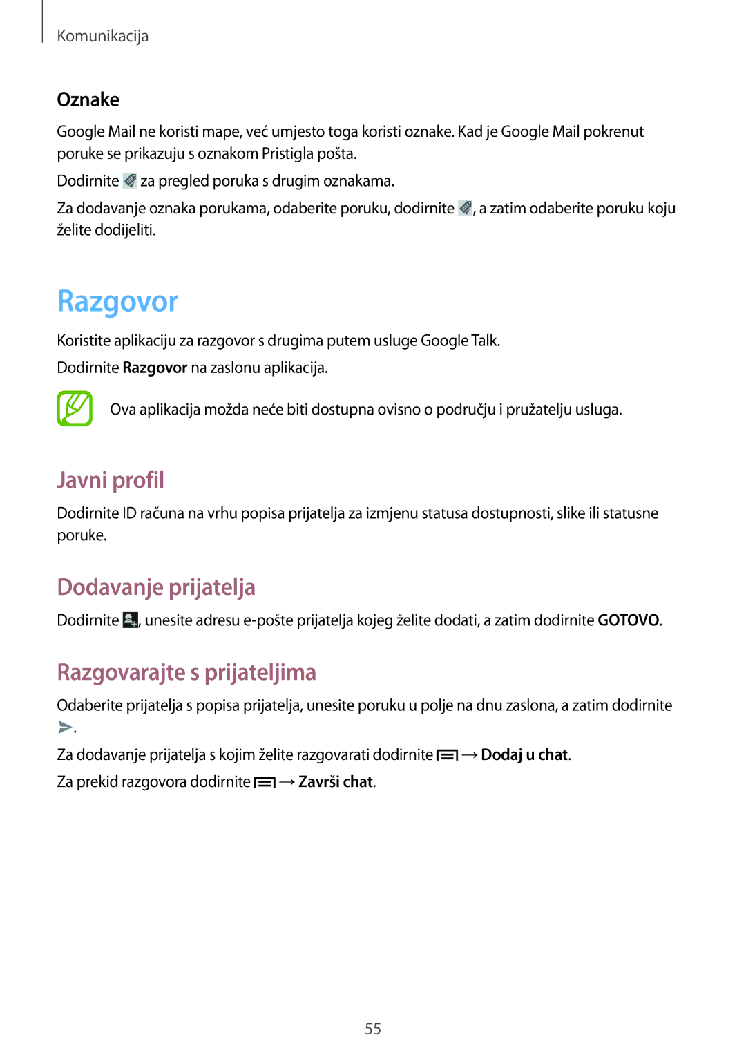 Samsung GT-I8730ZWAVIP manual Razgovor, Javni profil, Dodavanje prijatelja, Razgovarajte s prijateljima, Oznake 