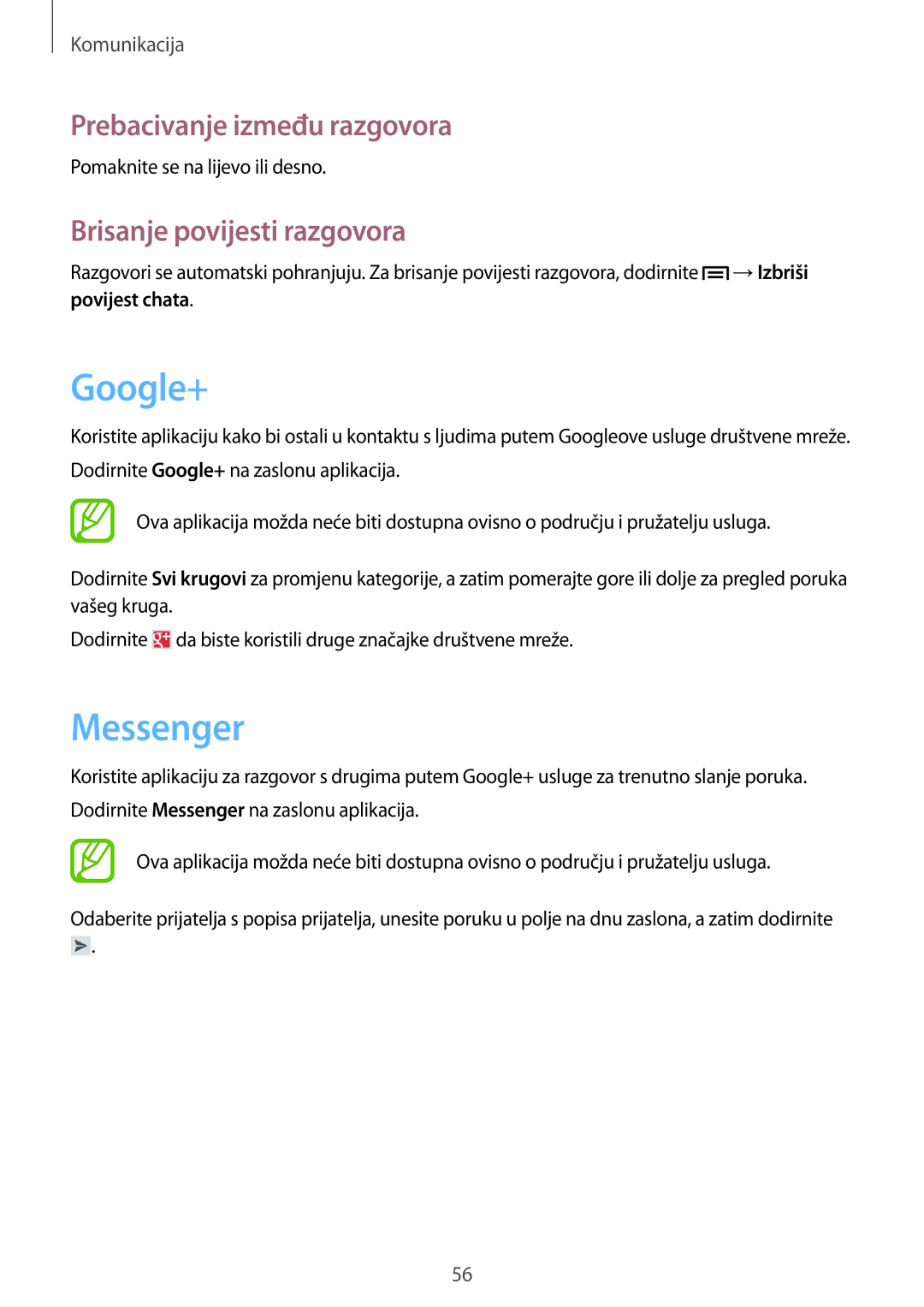 Samsung GT-I8730ZWAVIP manual Google+, Messenger, Prebacivanje između razgovora, Brisanje povijesti razgovora 